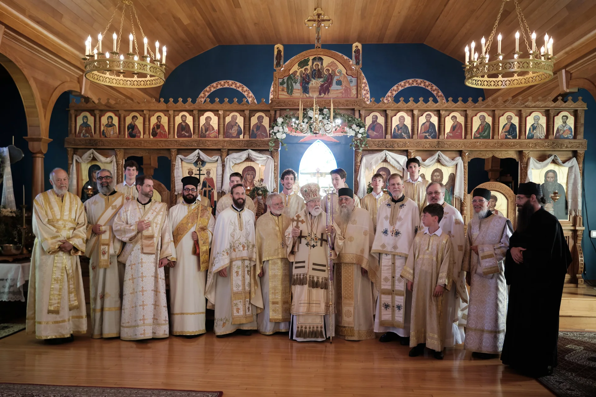 Clergy and altar servers gathered before the iconostasis at Saints Constantine & Elena